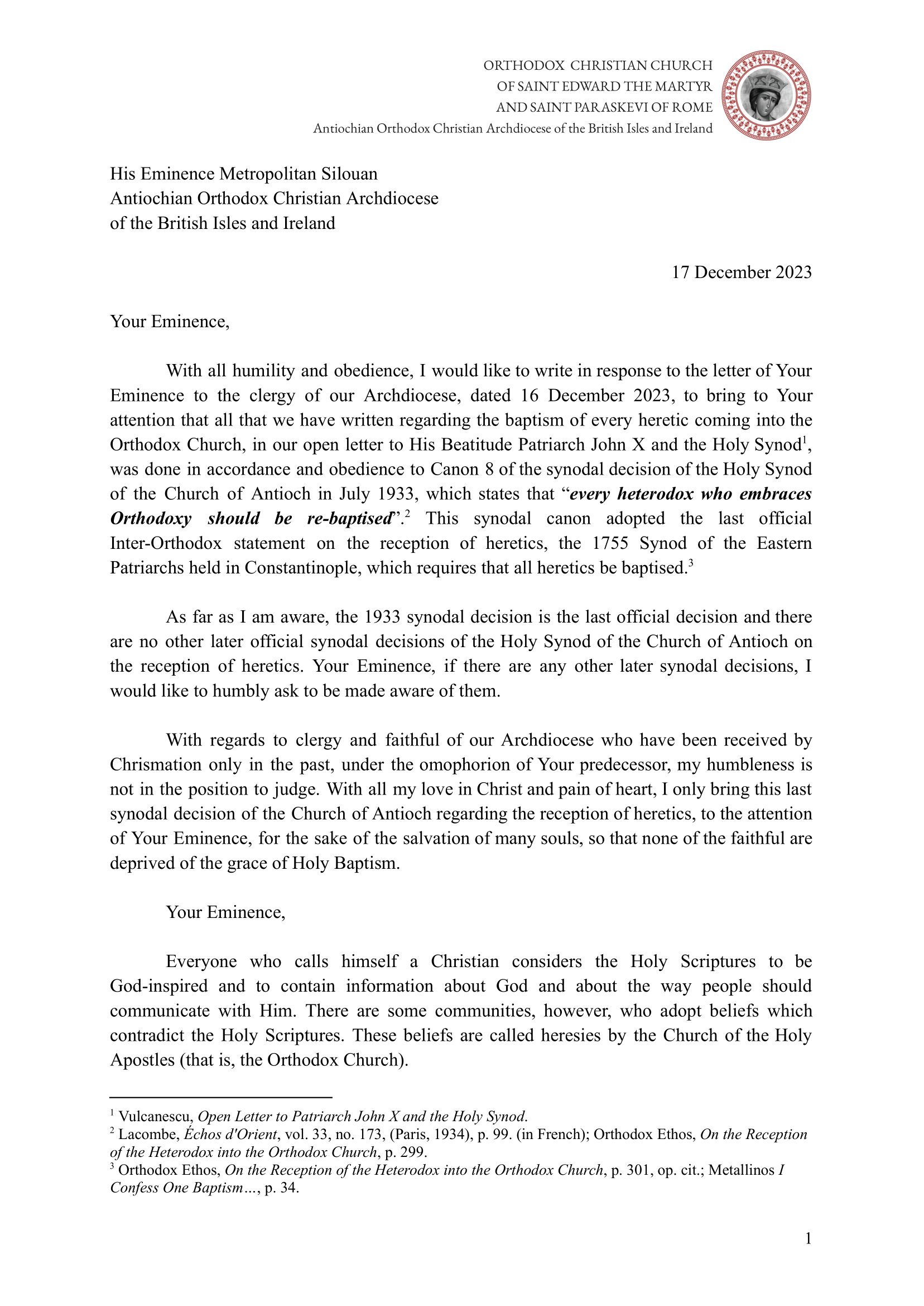 The Response Letter of Father Matthew Vulcanescu to Metropolitan Silouan Oner’s Letter to Clergy December 2023 – Reception by Chrismation